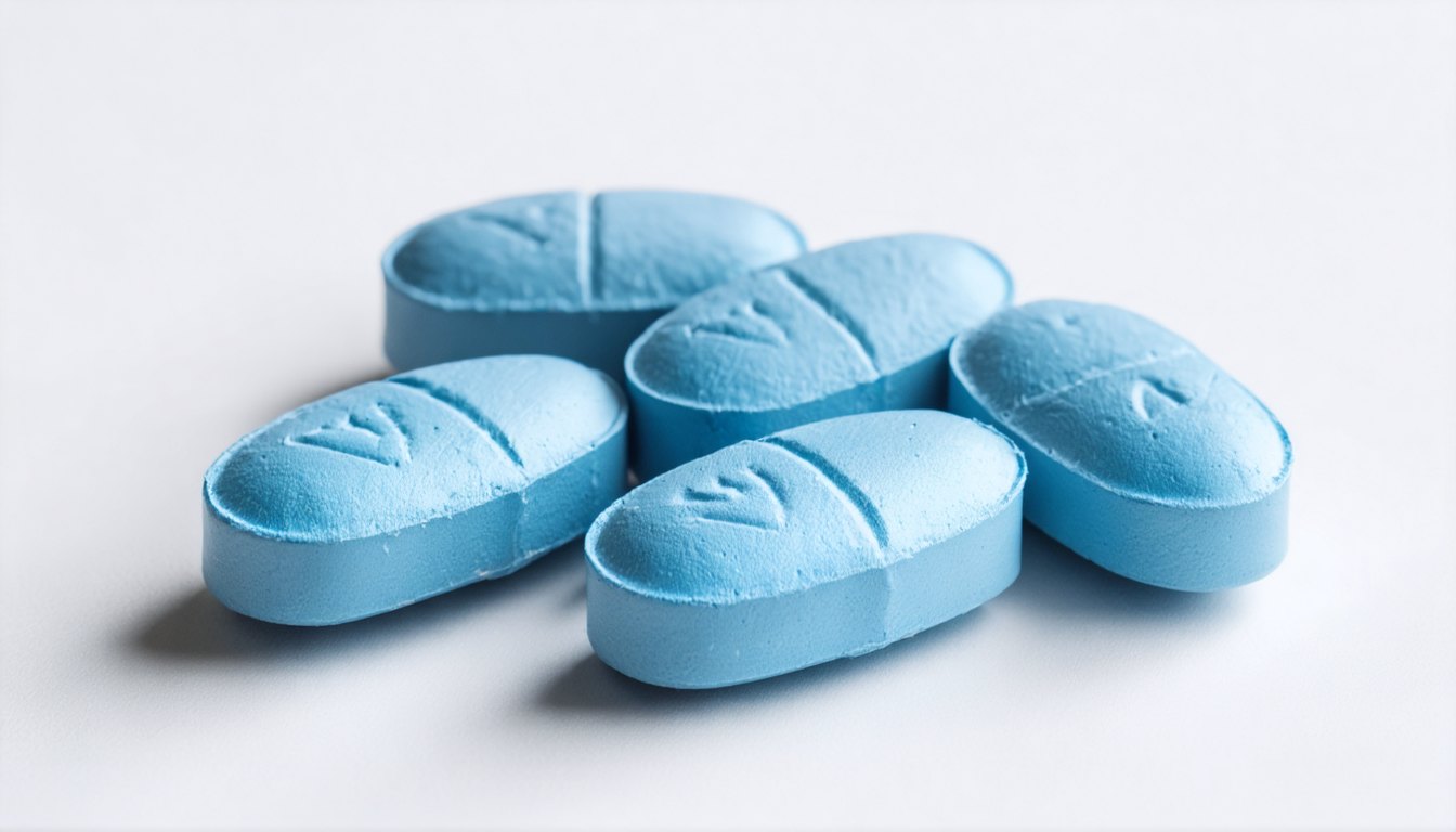 Blister pack of Viagra Super Active soft gelatin capsules on a neutral medical background