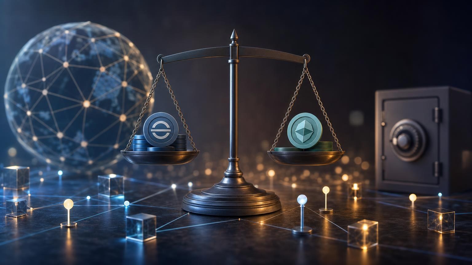 Digital stablecoins represented by tokens connected to fiat reserves, crypto collateral, blockchains, and risk indicators